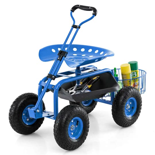 Costway Garden Cart Patio Wagon Roll Work Seat with Tray Basket Extendable Handle